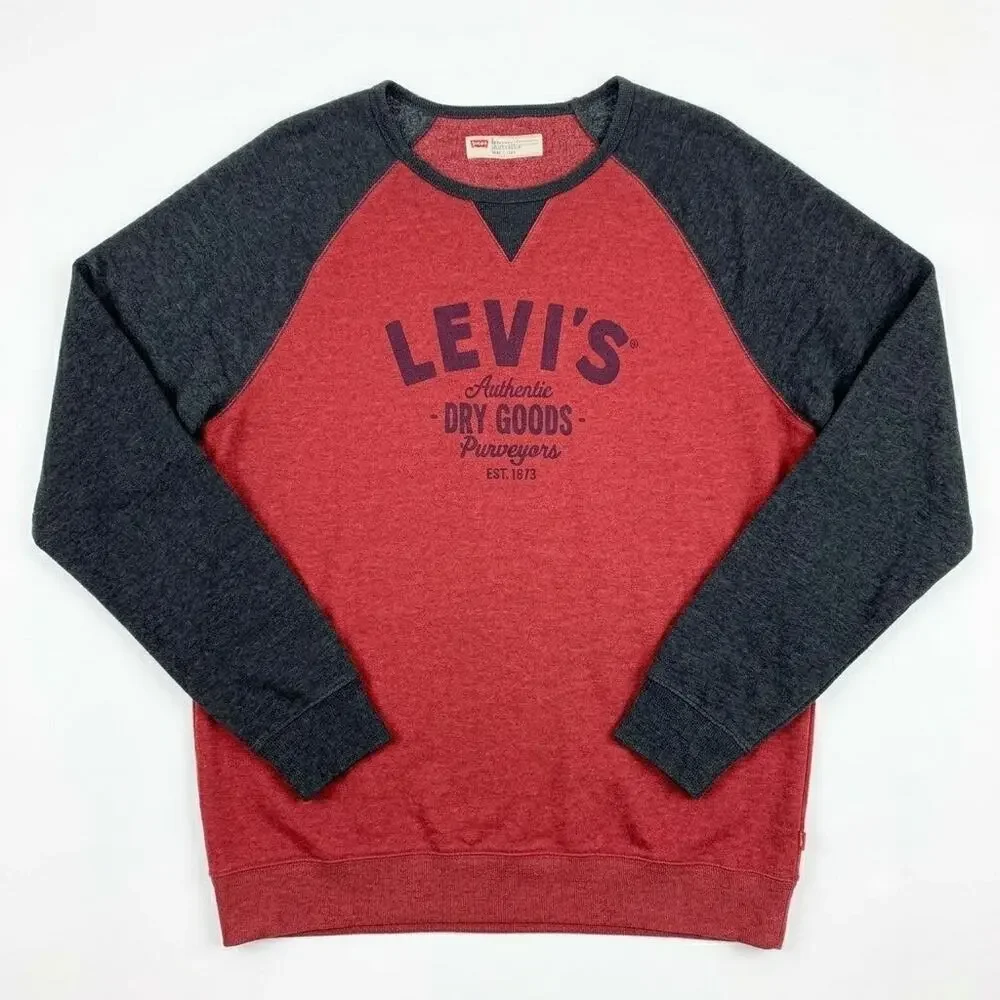 Levis Logo Crew Raglan Sweatshirt Red Gray Standard Fit Casual Lounge Mens XL